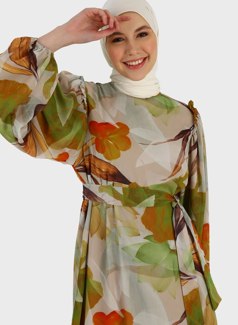 Refka by modanisa Floral Print Tiered Puff Sleeve Dress