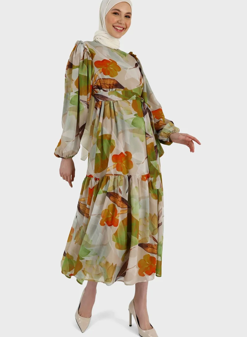 Refka by modanisa Floral Print Tiered Puff Sleeve Dress
