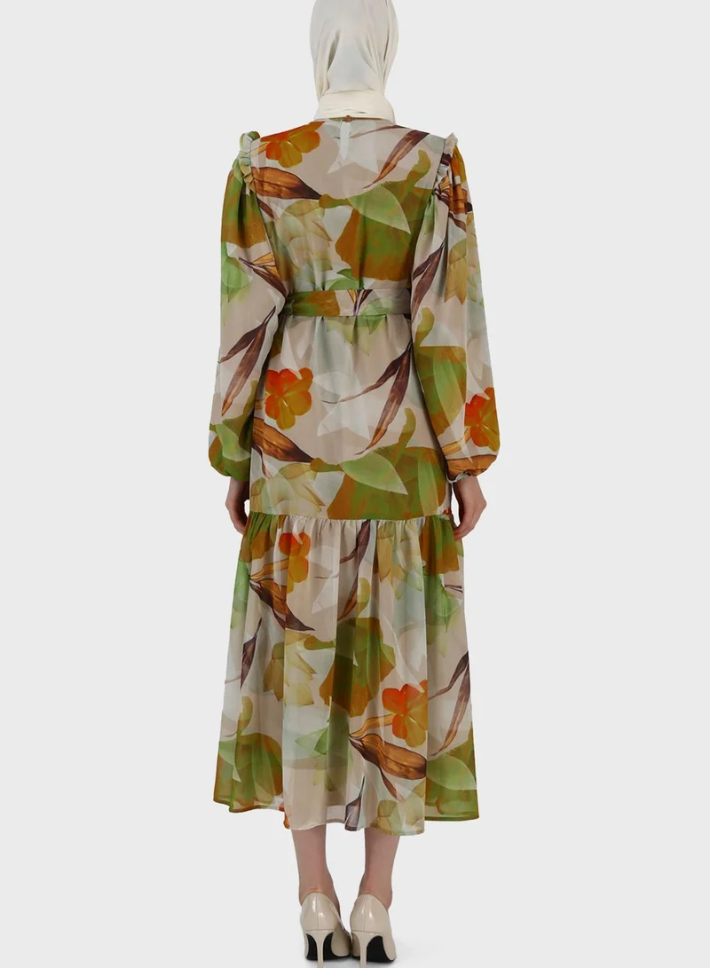Refka by modanisa Floral Print Tiered Puff Sleeve Dress