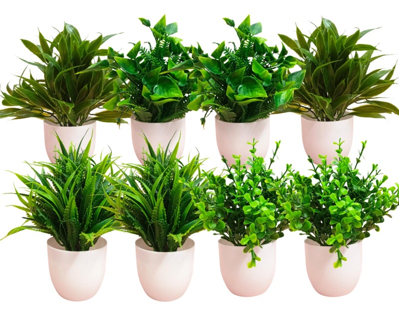 Dekorly Artificial Potted Plants, 8 Pack Artificial Plastic Eucalyptus Plants Small Indoor Potted Houseplants, Small Faux Plants for Home Decor Bathroom Office Farmhouse (Multi-A) - Image 1