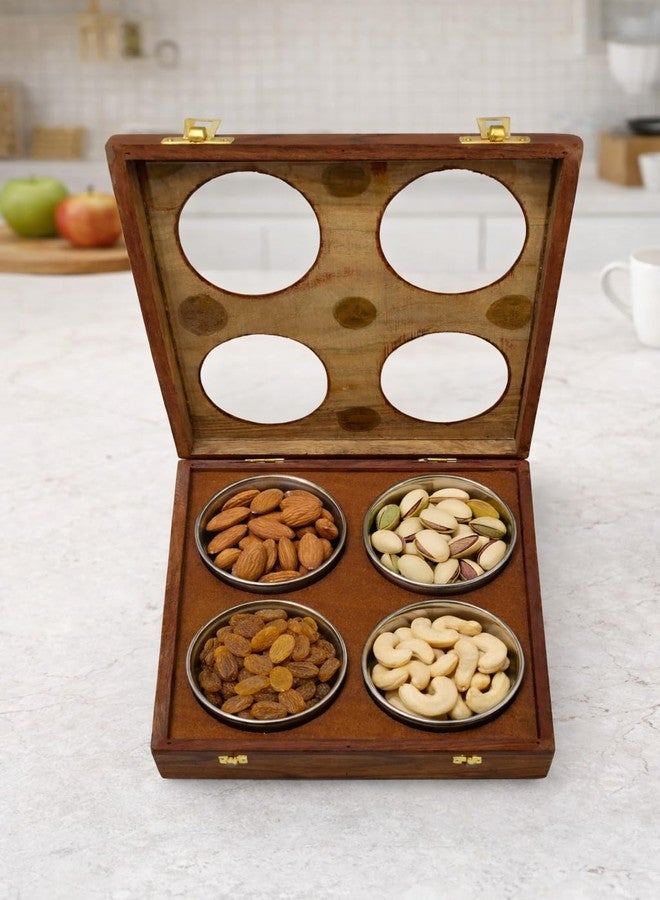 MakingMagik Wooden Dry Fruits Box with 4 Steel Bowls | Handcrafted Sheesham Wood Snack & Mukhwas Box | 20 x 20 x 8 cm | Gift & Kitchen Storage Wooden Spice Box with Brass Inlay, Sheesham Wood, - Image 3