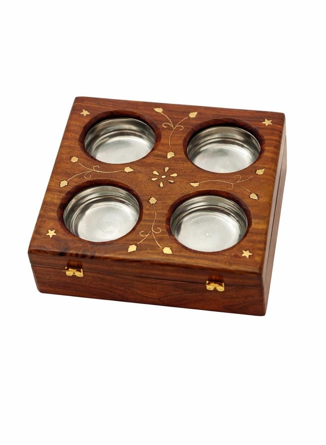 MakingMagik Wooden Dry Fruits Box with 4 Steel Bowls | Handcrafted Sheesham Wood Snack & Mukhwas Box | 20 x 20 x 8 cm | Gift & Kitchen Storage Wooden Spice Box with Brass Inlay, Sheesham Wood, - Image 1