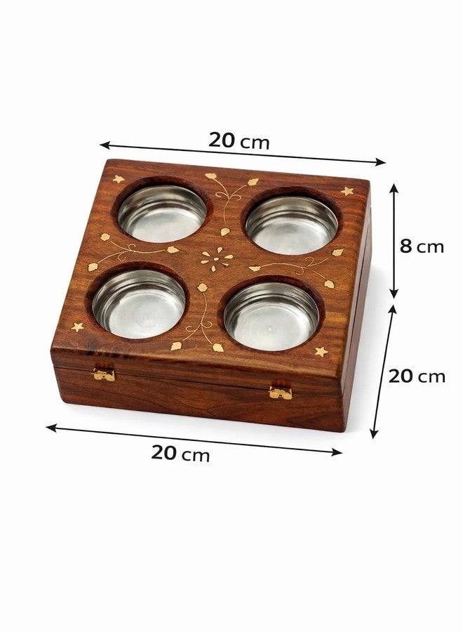 MakingMagik Wooden Dry Fruits Box with 4 Steel Bowls | Handcrafted Sheesham Wood Snack & Mukhwas Box | 20 x 20 x 8 cm | Gift & Kitchen Storage Wooden Spice Box with Brass Inlay, Sheesham Wood, - Image 5