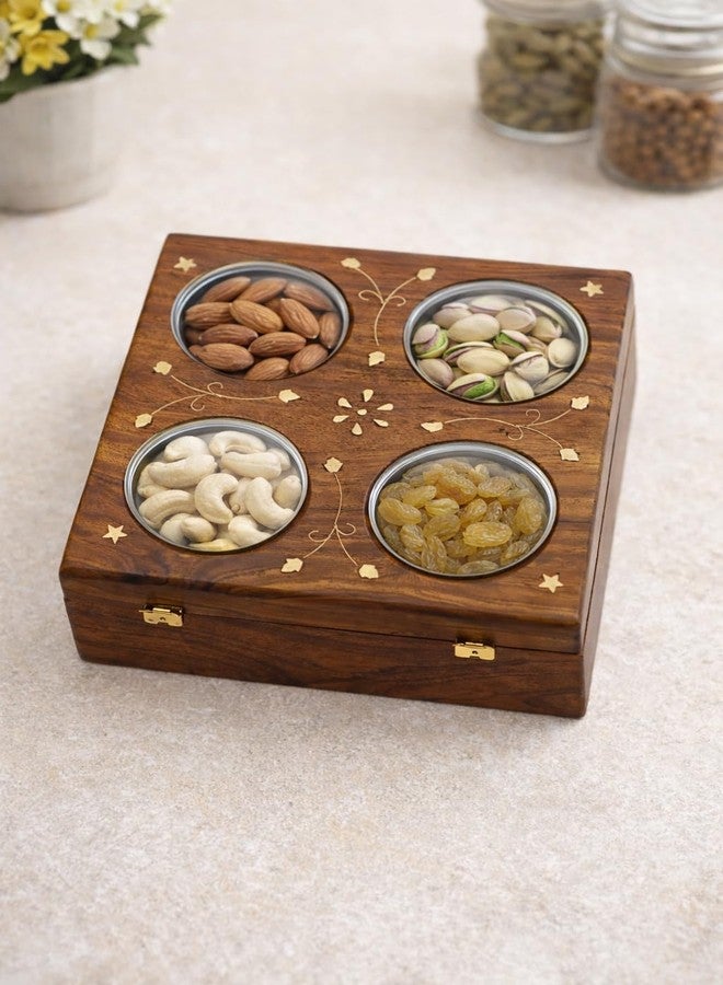 MakingMagik Wooden Dry Fruits Box with 4 Steel Bowls | Handcrafted Sheesham Wood Snack & Mukhwas Box | 20 x 20 x 8 cm | Gift & Kitchen Storage Wooden Spice Box with Brass Inlay, Sheesham Wood, - Image 2