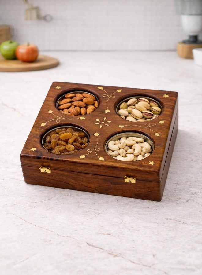 MakingMagik Wooden Dry Fruits Box with 4 Steel Bowls | Handcrafted Sheesham Wood Snack & Mukhwas Box | 20 x 20 x 8 cm | Gift & Kitchen Storage Wooden Spice Box with Brass Inlay, Sheesham Wood, - Image 4
