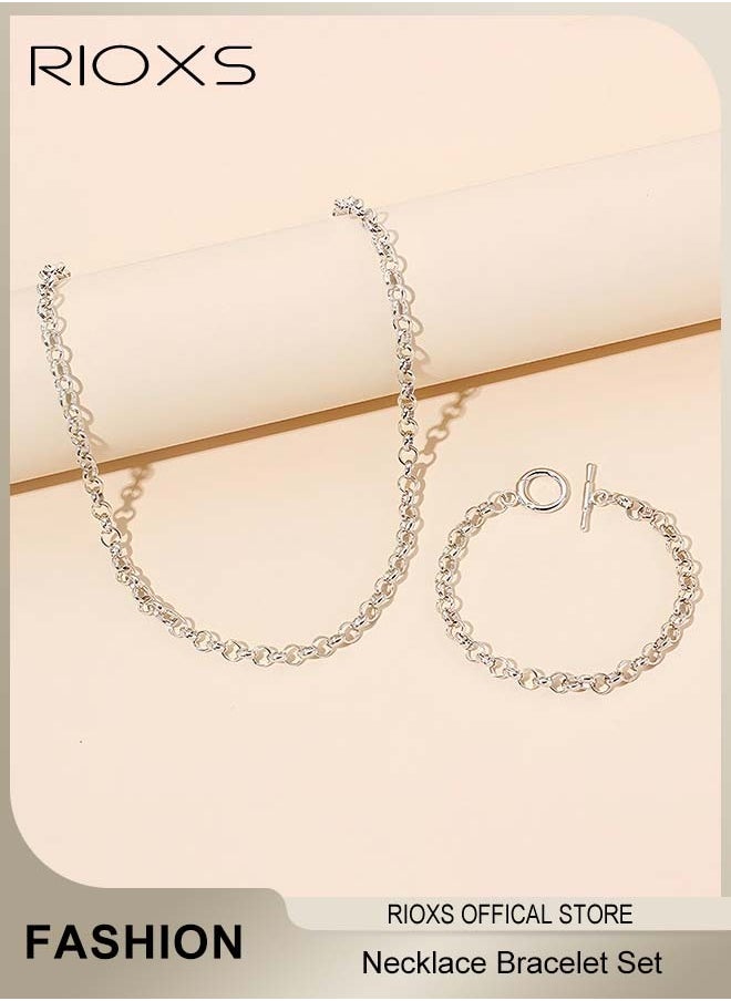 RIOXS Men Link Chain Jewellery Set Silver Plated OT Buckle Necklace Bracelet Set Fashion Party Accessories  - Image 2