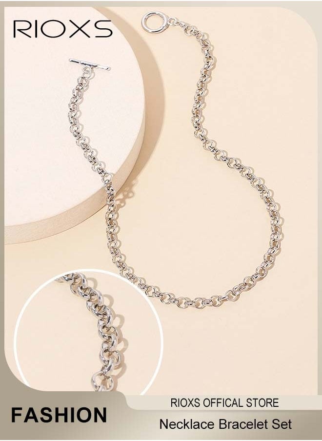 RIOXS Men Link Chain Jewellery Set Silver Plated OT Buckle Necklace Bracelet Set Fashion Party Accessories  - Image 3