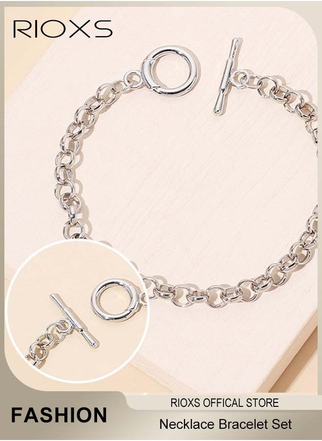 RIOXS Men Link Chain Jewellery Set Silver Plated OT Buckle Necklace Bracelet Set Fashion Party Accessories  - Image 4