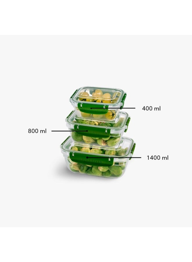 Dunya Plastik Dunia Fresh & Lock Green Rectangular 3-Piece Food Storage Refrigerator Container Set - With Airtight Lid - BPA-Free (400-800-1400) ML - Image 1