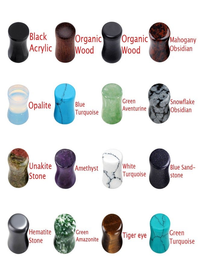 PiercingJ Acrylic Wood Mixed Stone Plugs 16 Pairs/32 Pieces Set Ear Plugs Ear Tunnels Ear Gauges Double Flared Ear Expander Stretcher Set - Image 3