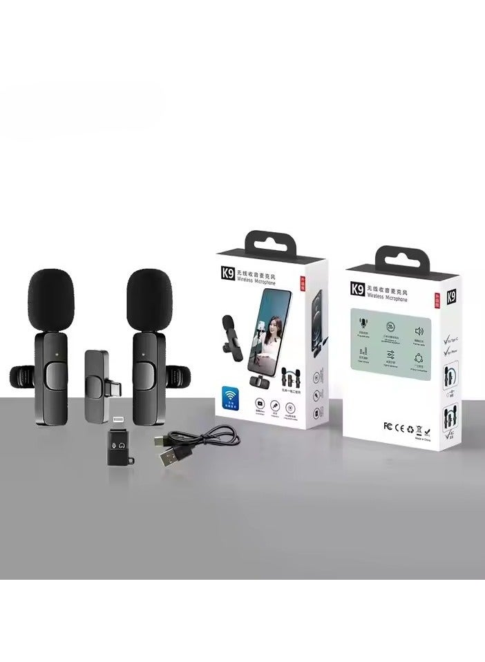 ميكروفون احترافي لاسلكي مزدوج K9 بمشبك طوق للبث المباشر والفيديو والتسجيل الصوتي من النوع C وiPhone - Image 2