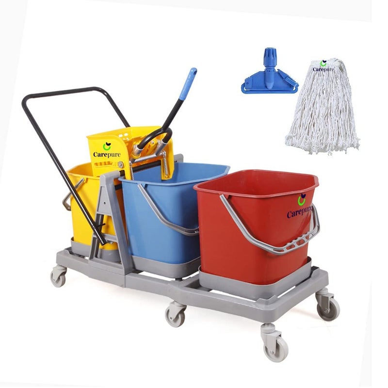 Carepure Carepure Three Bucket Mop Winger Trolley System for Hospital Cleaning 3 Bucket Mop Wringer Trolley for Hospital Cleaning Free with Wet Mop Clip Cotton Wet Mop Refill 60 LTR  - Image 1