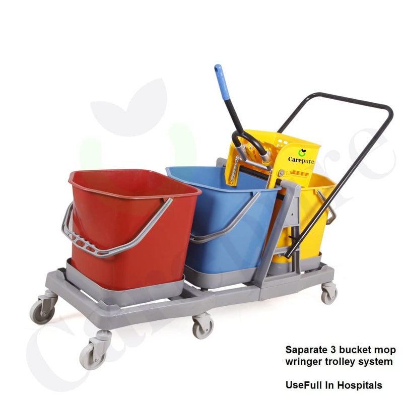 Carepure Carepure Three Bucket Mop Winger Trolley System for Hospital Cleaning 3 Bucket Mop Wringer Trolley for Hospital Cleaning Free with Wet Mop Clip Cotton Wet Mop Refill 60 LTR  - Image 2