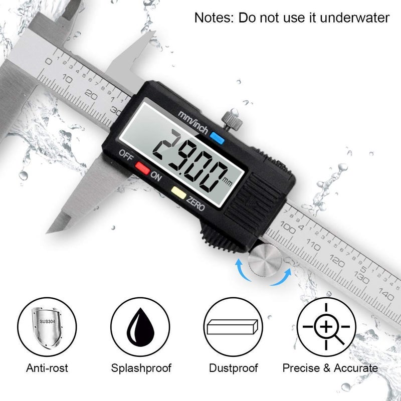 Qfun Caliper Measuring Tool, Vernier Digital Caliper Stainless Steel 6 Inch/150mm, Digital Micrometer Waterproof, Easy Switch from Inch to Millimeter, Large LCD Screen - Image 5