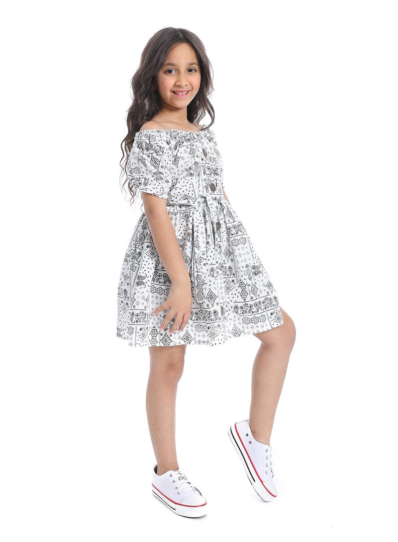 Andora Off-Shoulders Girls Dress With Belt_ White & Black - Image 3
