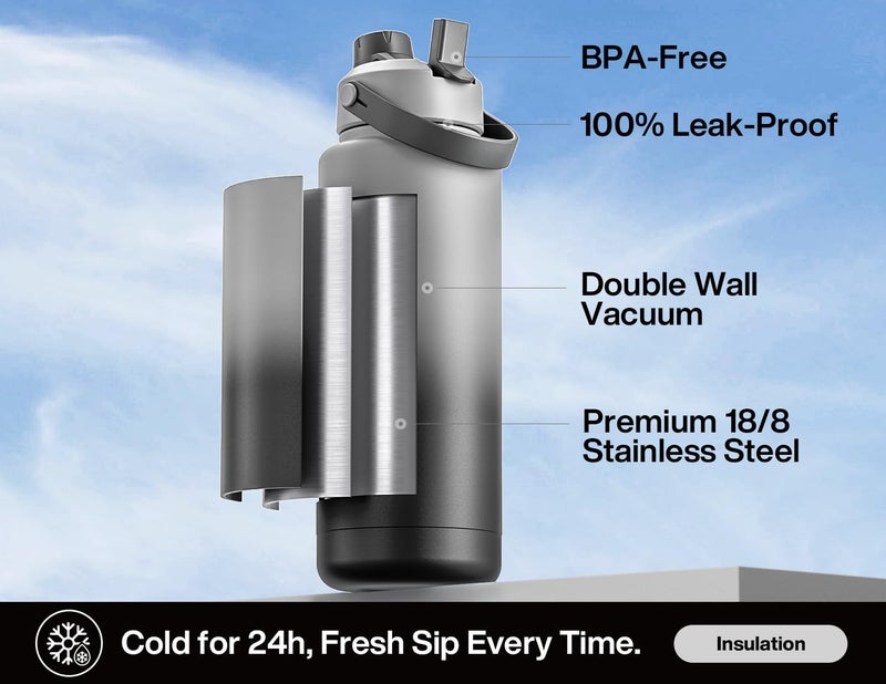 POWCAN 40 oz Insulated Water Bottle with 2-in-1 Straw and Spout Lid, Keep Cold 24H, Leak-Proof, BPA-Free, Double Wall Stainless Steel Water Bottle for Sports, Gym, Travel, and School (Obsidian) - Image 2