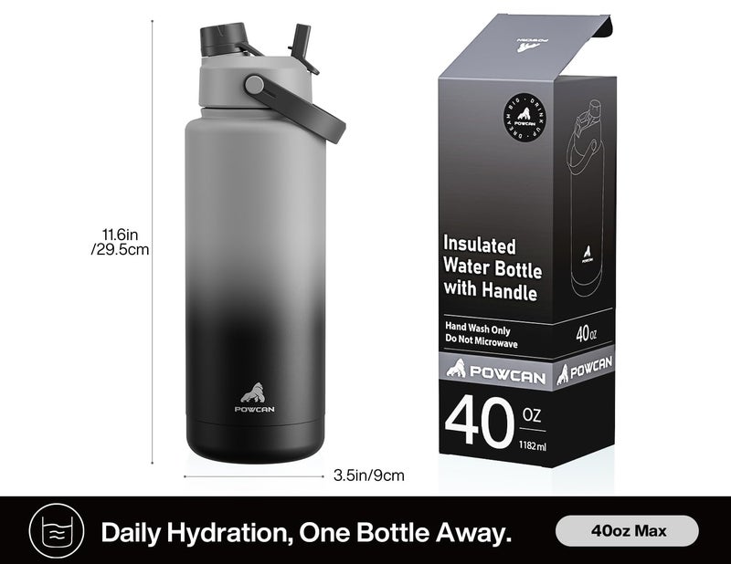 POWCAN 40 oz Insulated Water Bottle with 2-in-1 Straw and Spout Lid, Keep Cold 24H, Leak-Proof, BPA-Free, Double Wall Stainless Steel Water Bottle for Sports, Gym, Travel, and School (Obsidian) - Image 5