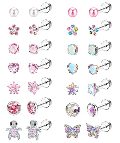 LOYALLOOK Hypoallergenic Screwback Earrings for Women Girls Tiny CZ Pearl Ball Heart Flower Screw Back Earring Studs 316L Stainless Steel Stud Earrings Flatback 20G Colorful Over 3 Years Old - Image 1