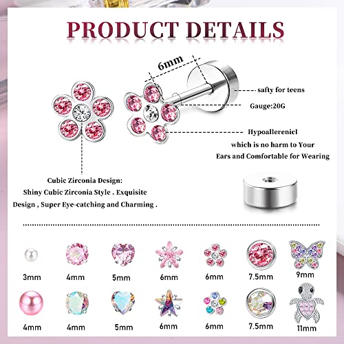 LOYALLOOK Hypoallergenic Screwback Earrings for Women Girls Tiny CZ Pearl Ball Heart Flower Screw Back Earring Studs 316L Stainless Steel Stud Earrings Flatback 20G Colorful Over 3 Years Old - Image 3