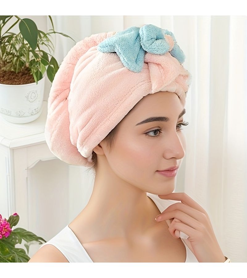 Blue Bowknot Coral Fleece Bath Cap Double Thick Absorbent Hair Drying Towel Wrap - Image 1