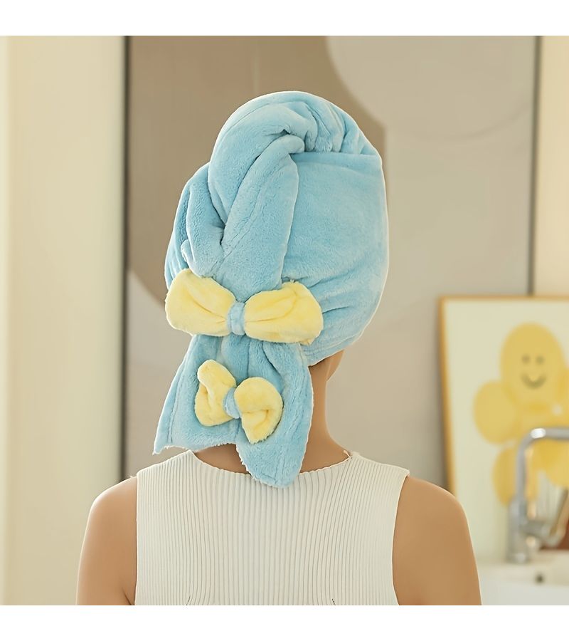 Blue Bowknot Coral Fleece Bath Cap Double Thick Absorbent Hair Drying Towel Wrap - Image 3