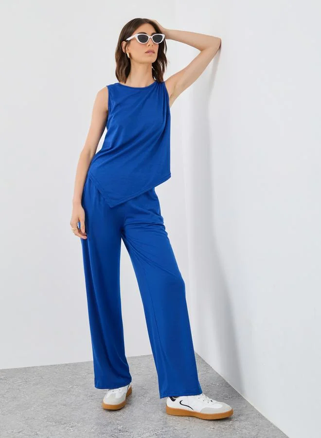 تايك تو Take Two Blue Asymmetric Top and Wide Leg Pants Co-Ords