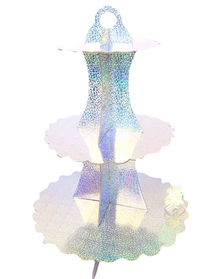 Holographic 3-Tier Round Cardboard Cupcake Stand Dessert Cupcake Stand Dessert Tower Holder for Birthday Bridal Shower Iridescent Party Garden Tea Party Supplies