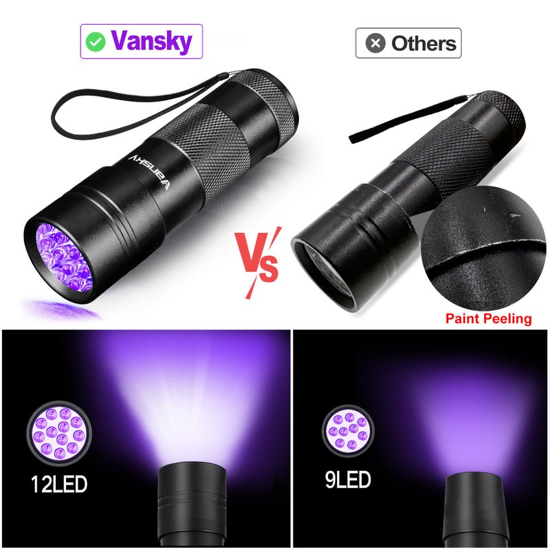 Vansky Black Light UV Flashlight,Vansky Blacklight 12 LED Urine Detector For Dog/Cat/Pet Urine & Dry Stains and Bed Bug On Carpets/Rugs/Floor,Matching with Pet Odor Eliminator - Image 2