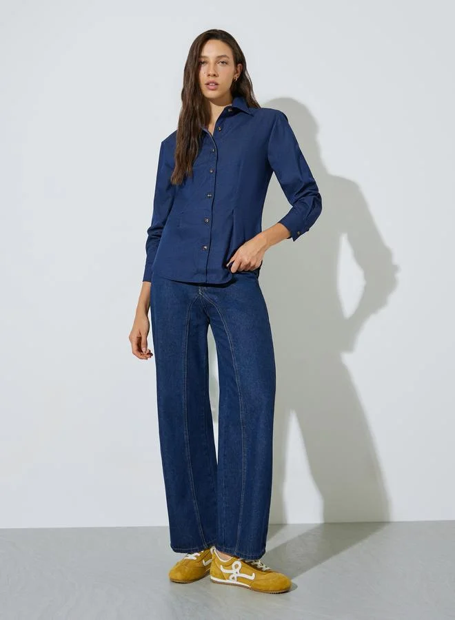 Styli Dark Blue Dart Front Long Sleeve Denim Shirt