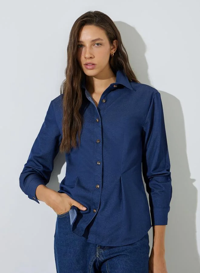 Styli Dark Blue Dart Front Long Sleeve Denim Shirt