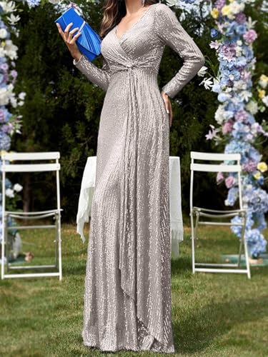 meilun Grey Long Sleeve Sequin Dress for Women Formal Evening Gowns Sparkly V Neck Maxi Dress for Wedding Guest,XL - Image 3
