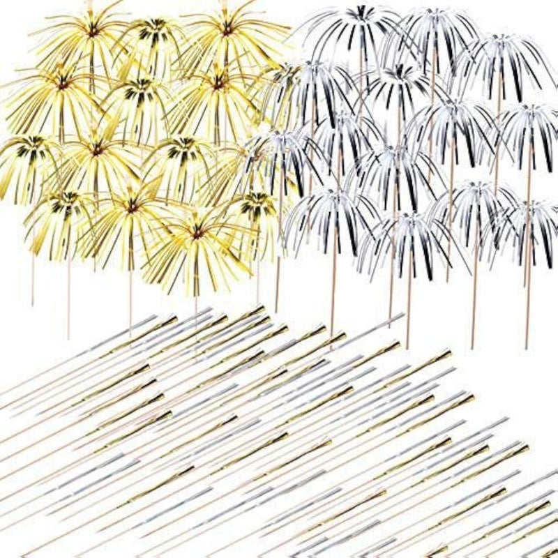 Allazone 200 PCS Cocktail Picks Firework Party Picks 23CM Golden Silver Firework Cake Toppers Sandwich  Cocktail Picks Toothpicks for Cakes Decoration Party Supplies Christmas Decoration