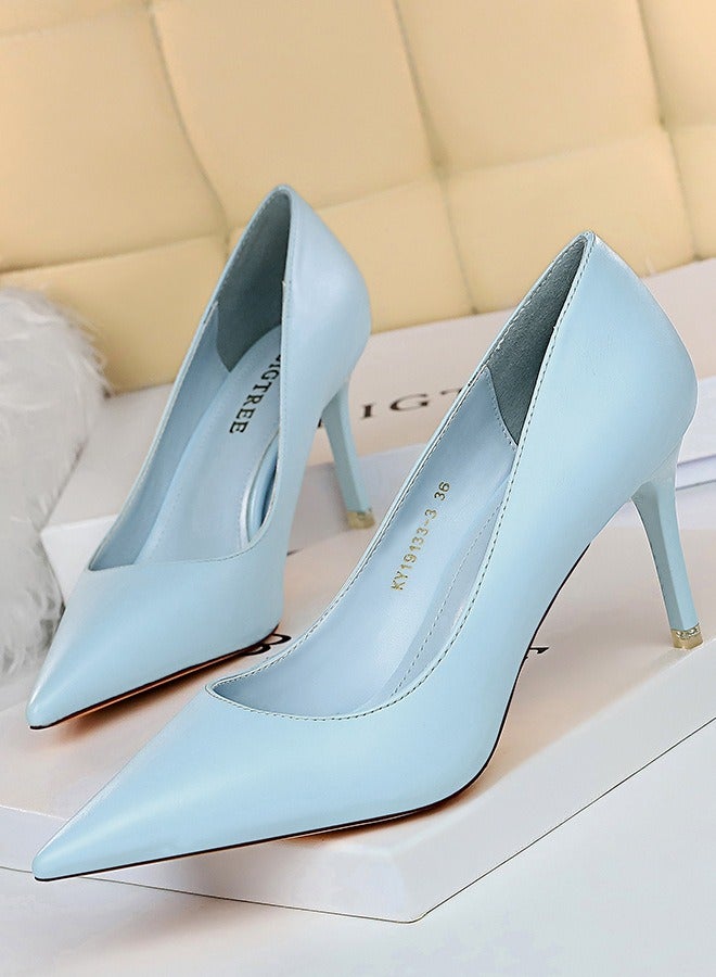 BIGTREE Women's Comfortable Stiletto Pumps 7.5cm Elegant Gorgeous Closed Pointed Toe Slip On Solid High Heels Blue 