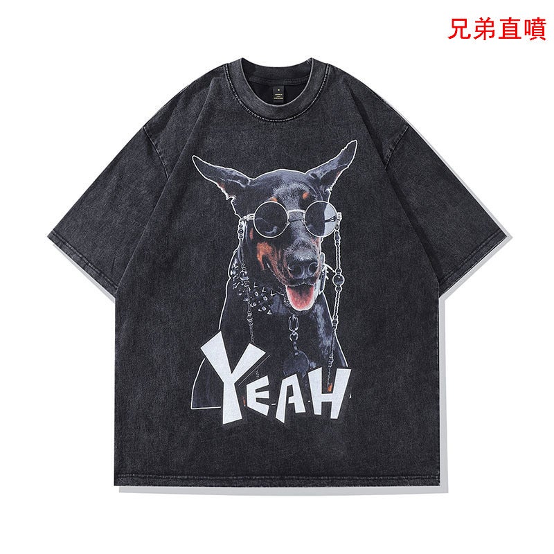 TKPA high street direct injection Doberman printed washed old short sleeve T-shirt men's and women's American style retro fashion brand half sleeve tee - Image 1