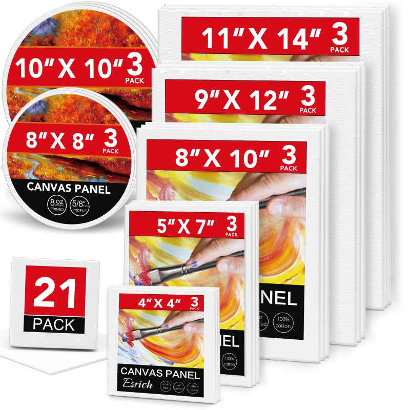 ESRICH Canvas Boards for Painting21 Pack Blank Canvas Boards4x4 5x7 8x10 9x12 11x14 Round Canvas D8 D10 Cotton Primed Canvas Panels Painting Canvas for Oil Acrylic Watercolor