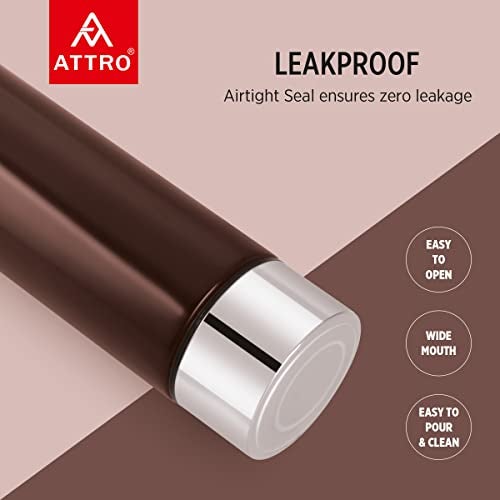 Attro O2 1100ml Stainless Steel Single Wall Water Bottle, Light Weighted Leak-Proof Use for Office, School, Outdoor & Gym, Set of 2 - Chocolate Brown - Image 2