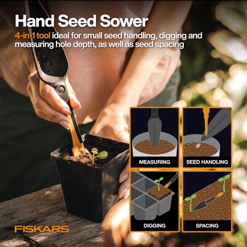 Fiskars Vegetable Gardening Essentials 6-Piece Tool Set for Cultivating, Serrated Stainless Steel Shears & 4-in-1 Seed Sower for Planting, Rust-Resistant Steel Trowel, Cultivator, Weeder, L/XL Gloves - Image 2