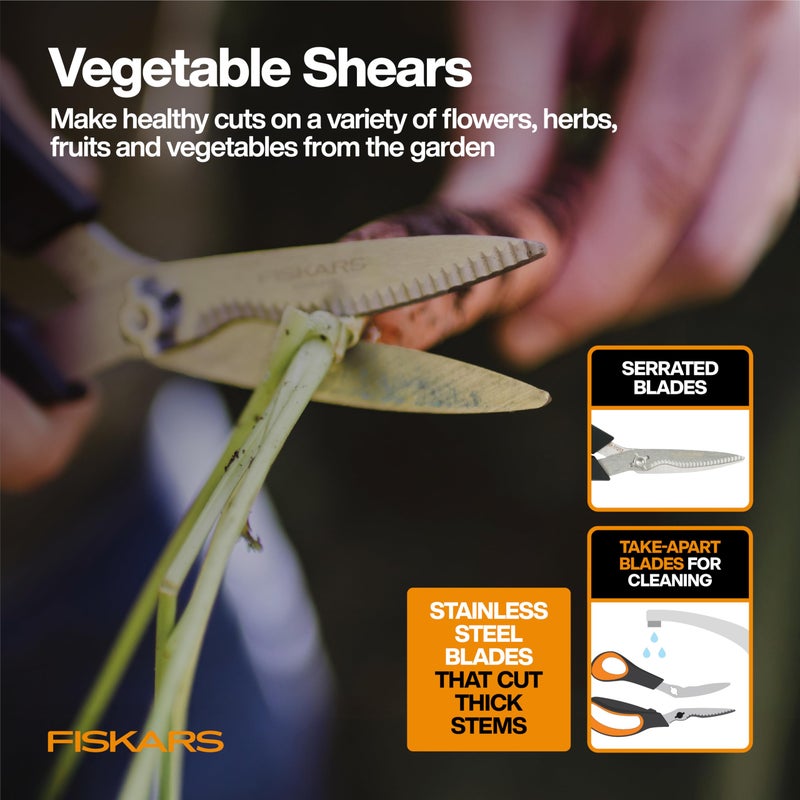 Fiskars Vegetable Gardening Essentials 6-Piece Tool Set for Cultivating, Serrated Stainless Steel Shears & 4-in-1 Seed Sower for Planting, Rust-Resistant Steel Trowel, Cultivator, Weeder, L/XL Gloves - Image 3