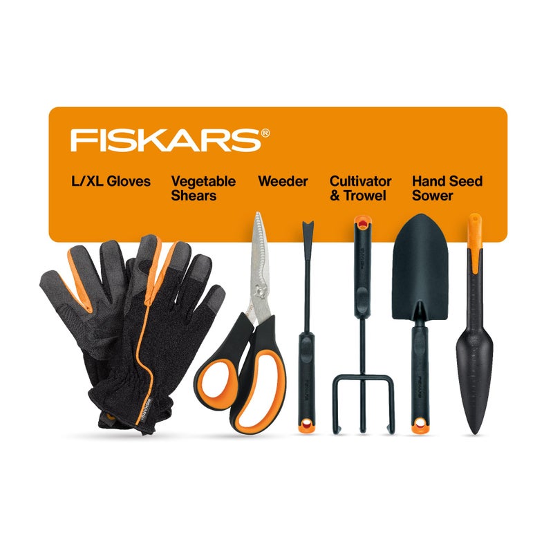Fiskars Vegetable Gardening Essentials 6-Piece Tool Set for Cultivating, Serrated Stainless Steel Shears & 4-in-1 Seed Sower for Planting, Rust-Resistant Steel Trowel, Cultivator, Weeder, L/XL Gloves - Image 1