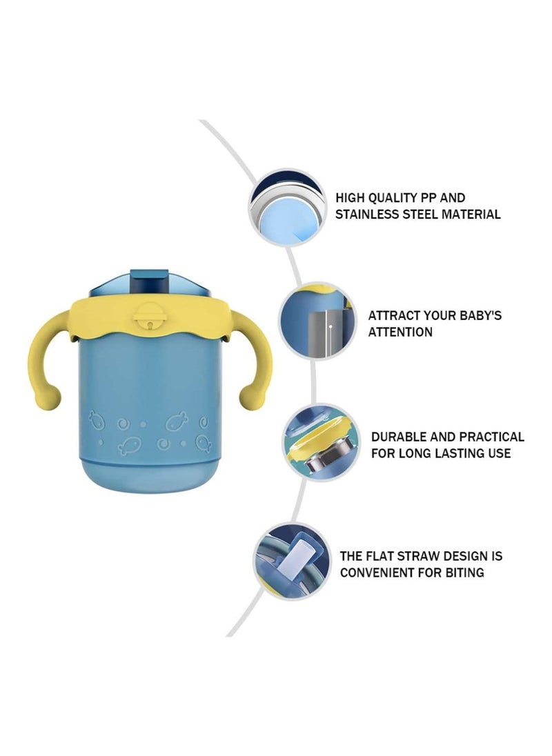 SYOSI - Child Thermos Cup, ELECDON Baby Sippy Cup Mug Stainless Steel Trainer Straw Cup Thermos Flask with Scale and Double Layer with Lid Water Milk Cup (300 ML, Blue) - Image 1