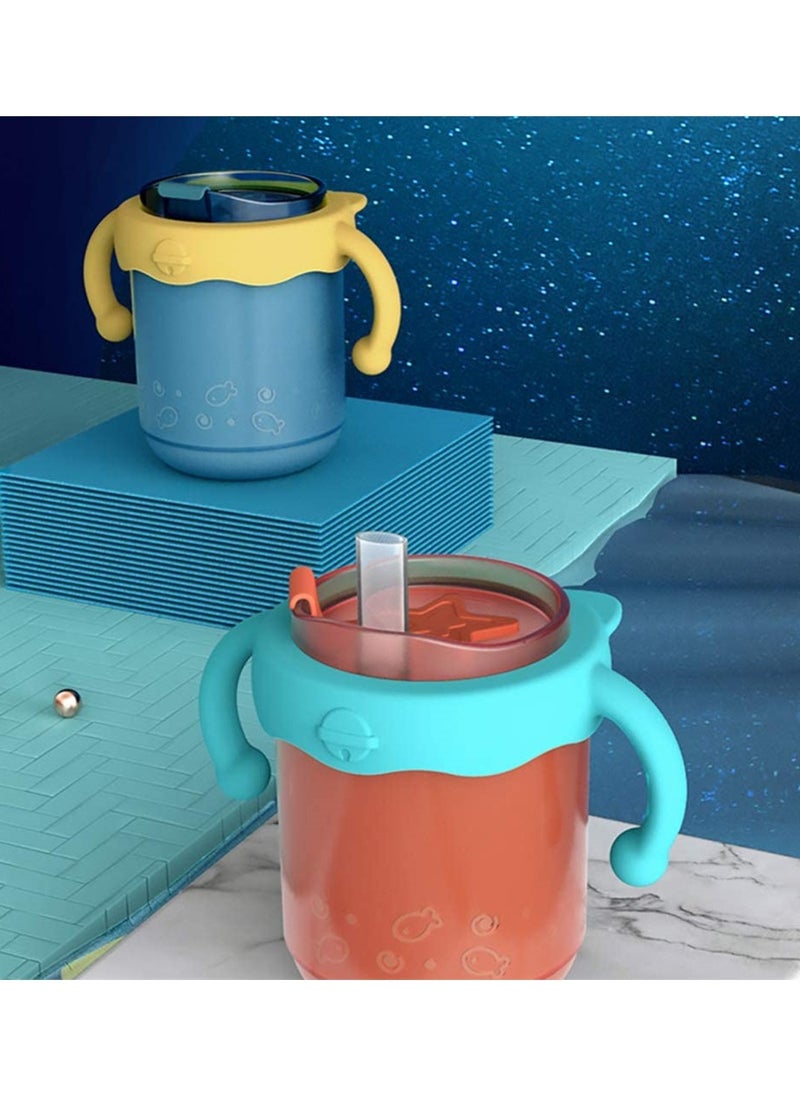 SYOSI - Child Thermos Cup, ELECDON Baby Sippy Cup Mug Stainless Steel Trainer Straw Cup Thermos Flask with Scale and Double Layer with Lid Water Milk Cup (300 ML, Blue) - Image 1