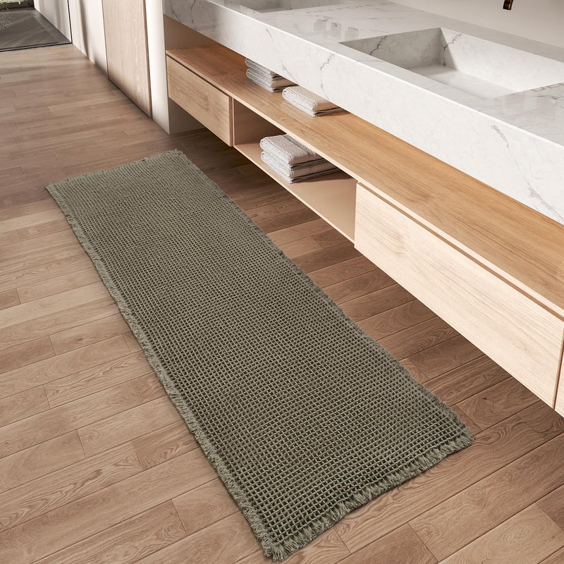 AMOAMI Upgraded Waffle Runner Rug Super Absorbent Non Slip Bath Mats for Bathroom Floor Washable Bathroom Runner Rug with Tassels, Ideal for Hallway Bedroom Laundry Room, Green, 2' x 6'(24" x 72") - Image 1
