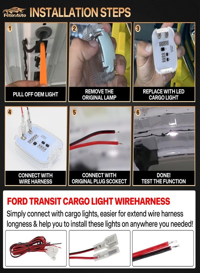 FetonAuto 4PCS Transit Interior Carbin Courtesy Load Space Area Roof Top Cargo Van LED Lights with Wire Harness Accessories for 2014-2024 Ford Transit 150 250 350 HD Connect, White 6000K - Image 4