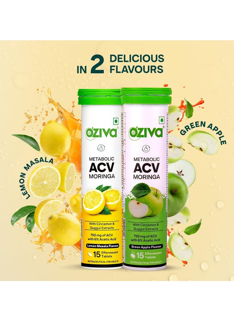 OZiva - ACV Moringa Control Cravings Apple Cider Vinegar Cinnamon Guggul No Maltodextrin No Added Sugar 15 Effervescent Tablets Green Apple Pack of 12 180 Tablets - Image 1