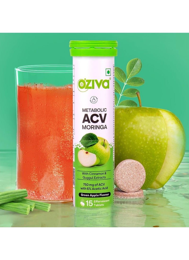 OZiva - ACV Moringa Control Cravings Apple Cider Vinegar Cinnamon Guggul No Maltodextrin No Added Sugar 15 Effervescent Tablets Green Apple Pack of 12 180 Tablets - Image 1