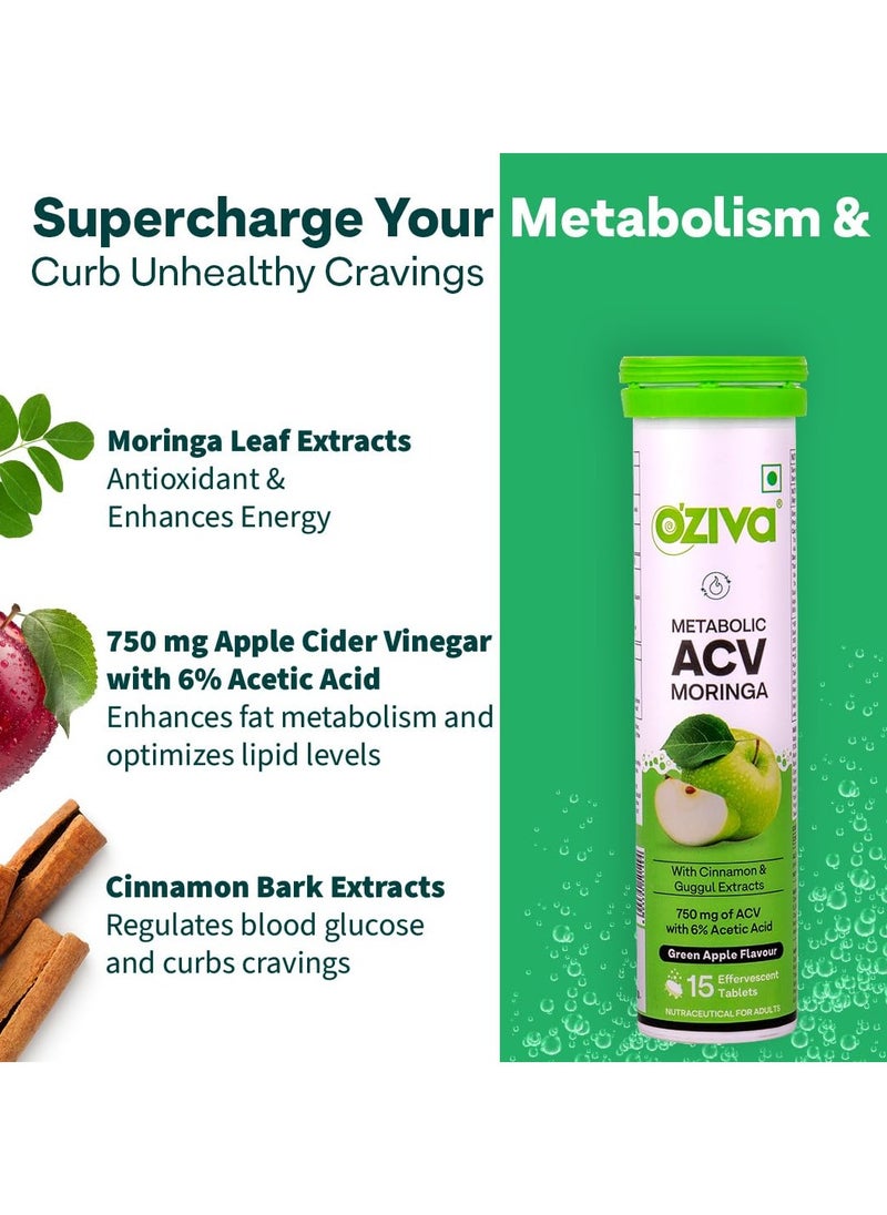 OZiva - ACV Moringa Control Cravings Apple Cider Vinegar Cinnamon Guggul No Maltodextrin No Added Sugar 15 Effervescent Tablets Green Apple Pack of 12 180 Tablets - Image 1