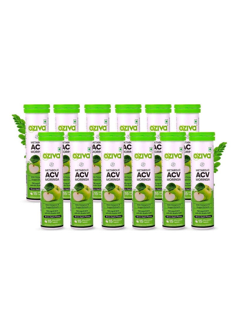 OZiva - ACV Moringa Control Cravings Apple Cider Vinegar Cinnamon Guggul No Maltodextrin No Added Sugar 15 Effervescent Tablets Green Apple Pack of 12 180 Tablets - Image 1