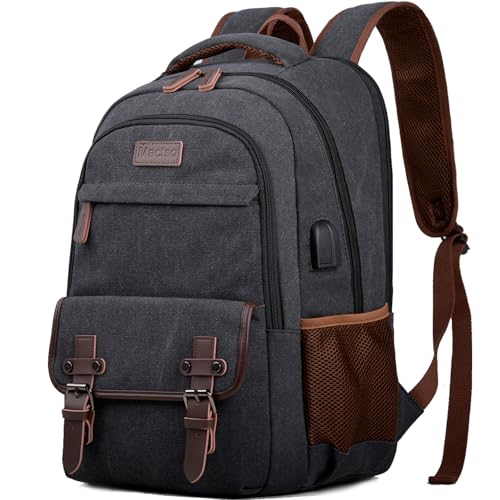 Mactso Canvas Travel Laptop Backpack for Men Women, Business Work Rucksack College School Computer Bag Fits 15.6 Inch Notebook,Bookbag with USB Charging Port (Black, 15.6 Inch) - Image 1