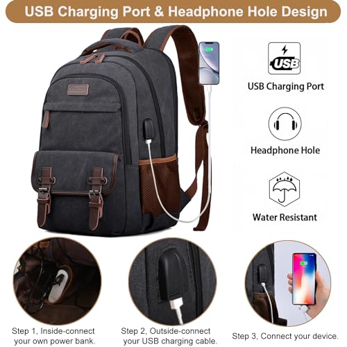 Mactso Canvas Travel Laptop Backpack for Men Women, Business Work Rucksack College School Computer Bag Fits 15.6 Inch Notebook,Bookbag with USB Charging Port (Black, 15.6 Inch) - Image 2
