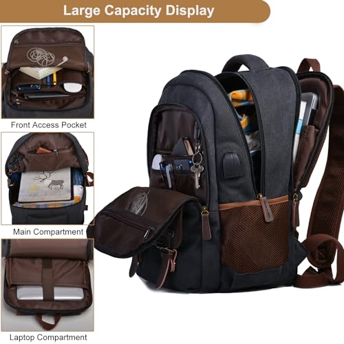 Mactso Canvas Travel Laptop Backpack for Men Women, Business Work Rucksack College School Computer Bag Fits 15.6 Inch Notebook,Bookbag with USB Charging Port (Black, 15.6 Inch) - Image 3